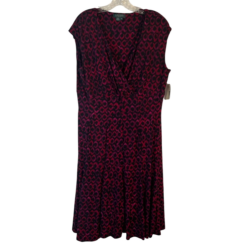 Lauren Ralph Lauren 14W Red Pink‎ Black Print Faux Wrap Dress Plus Size NWT